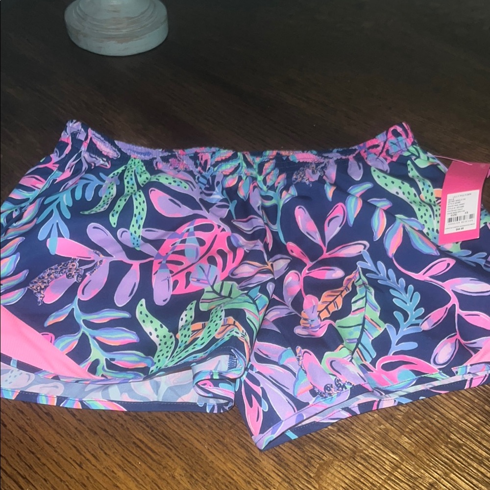 Lilly Pulitzer Pink and Blue Athletic Shorts Vibrant Tropical Print NWT